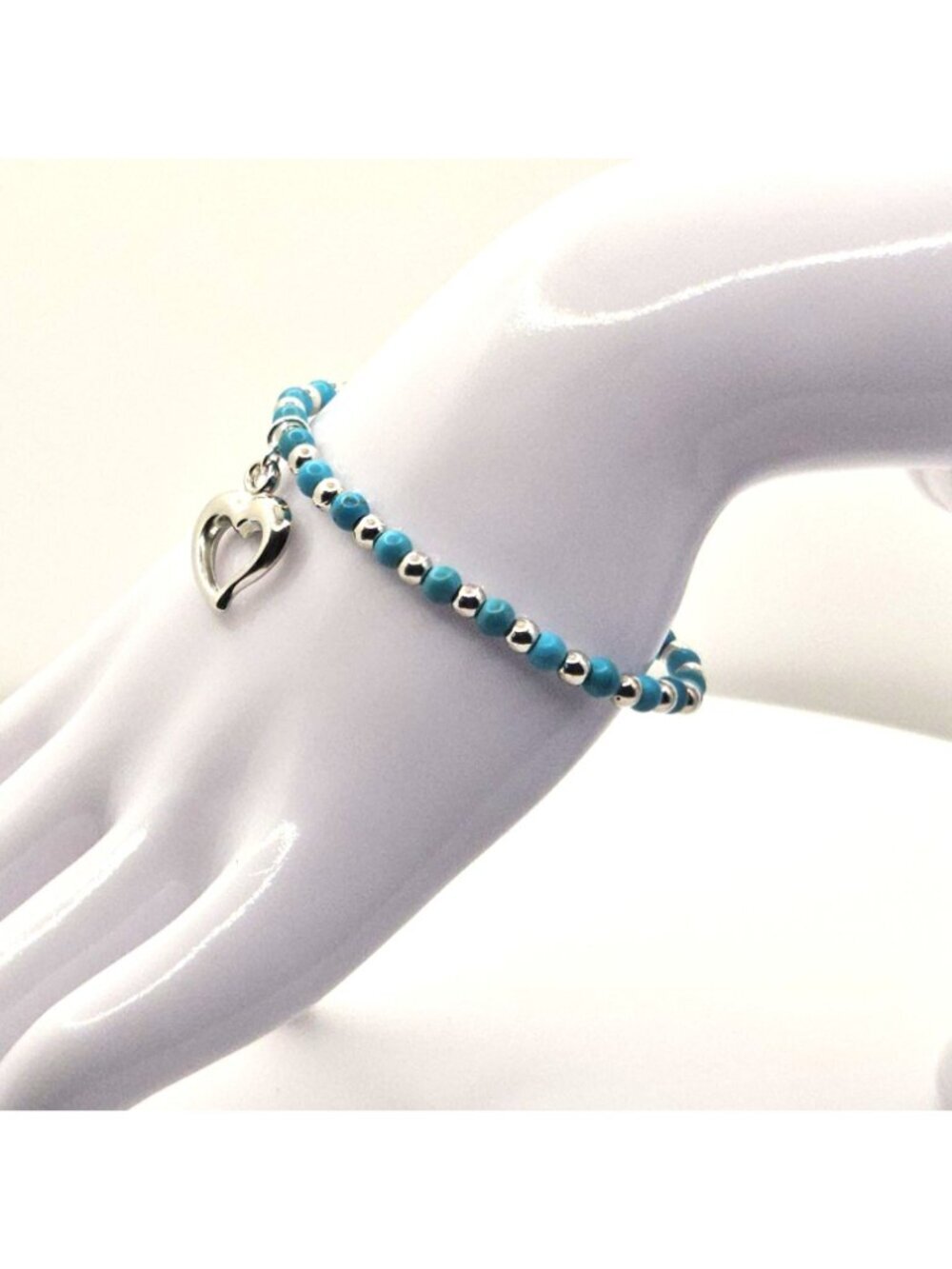 Heart Bracelet Turquoise Bracelet Blue Beaded Bracelet Stretch Bracelet Stackabl - Picture 3 of 10